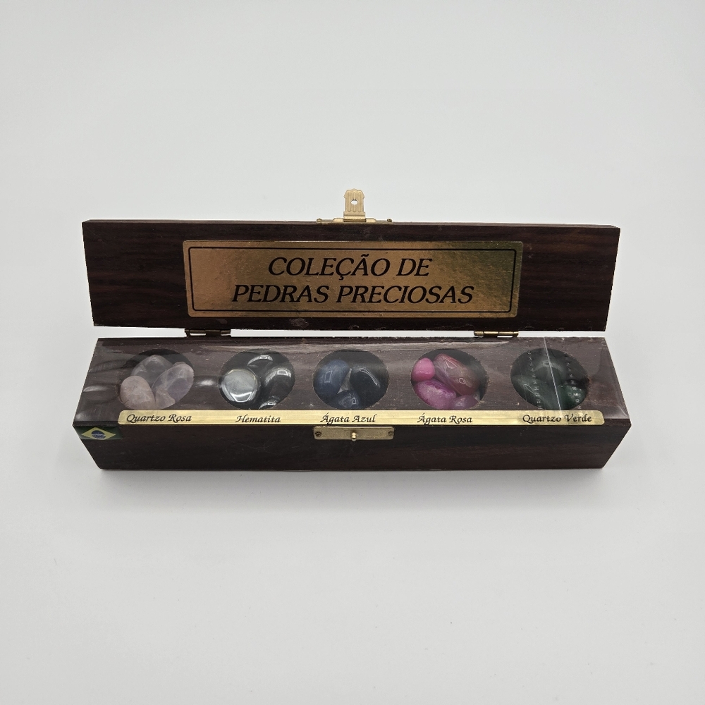 Brazil Souvenir Precious Stones Collection In Wooden Box Quartz Agate Hematite